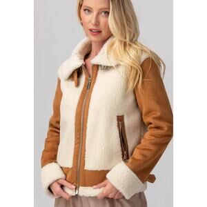 Love Tree Faux Suede Sherpa Moto Jacket - Tan & Cream Aviator Biker Coat - Large
